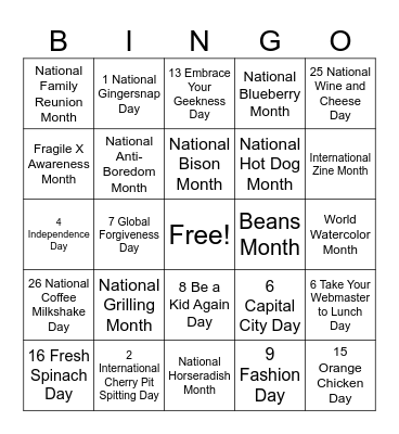 July Holidays Bingo Card