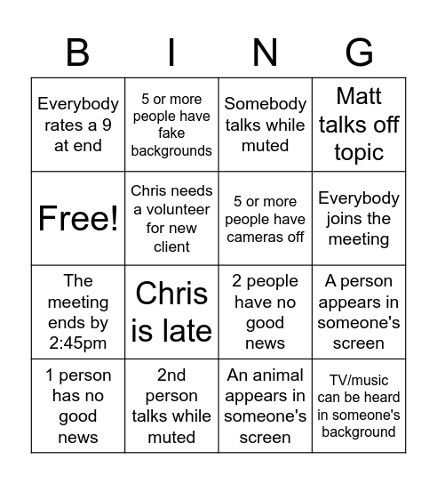 Bi-weekly Meeting Bingo Card