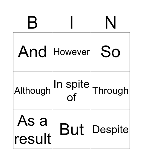 Linking Words  Bingo Card