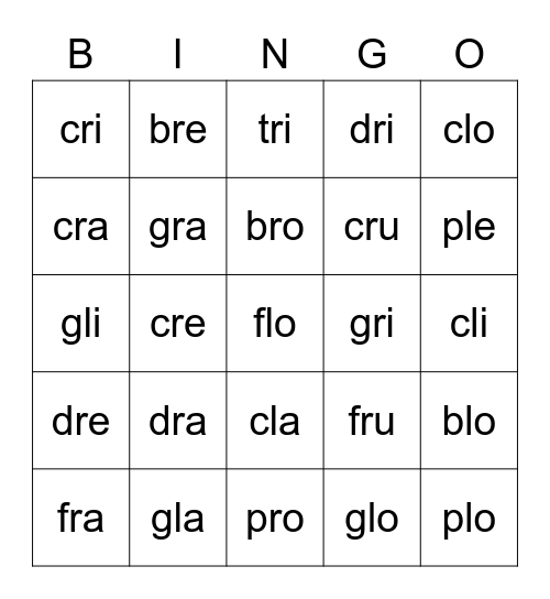 Sinfones (sílabas trabadas) Bingo Card