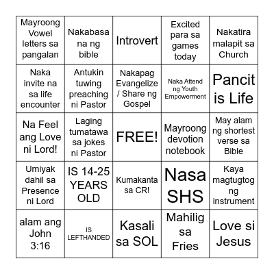 YOUTH FELLOWSHIP HUMAN BINGO Card