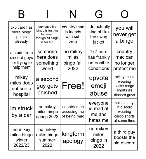 Mikey Miles Discord Bingo Card