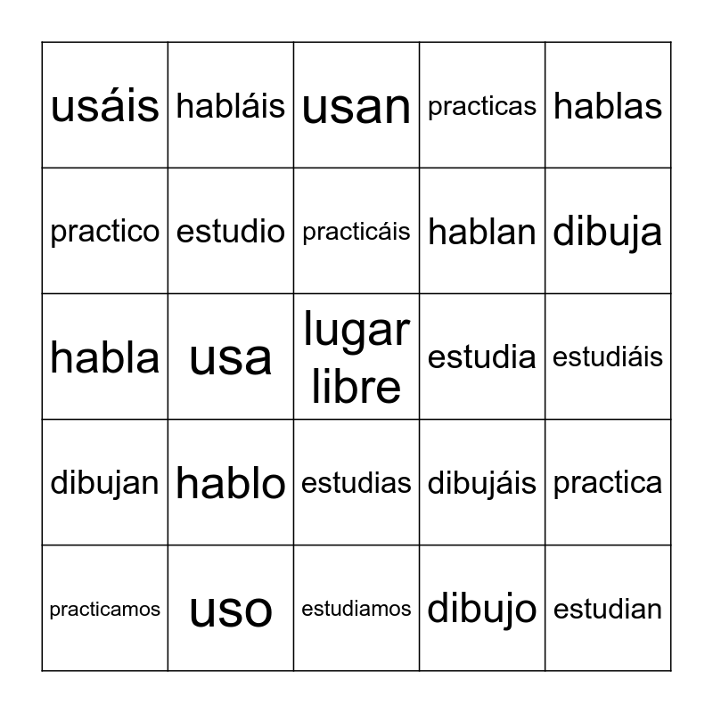 Los Verbos Ar Bingo Card