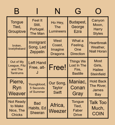 Summertime Songs Bingo Card