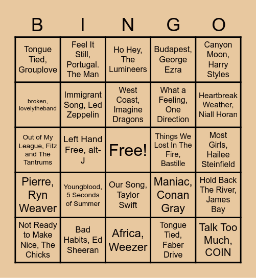 Summertime Songs Bingo Card