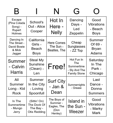 Summer Hits Bingo Card