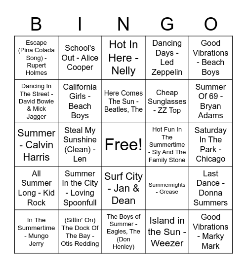 Summer Hits Bingo Card