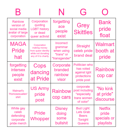 Corporate Pride Bingo Card