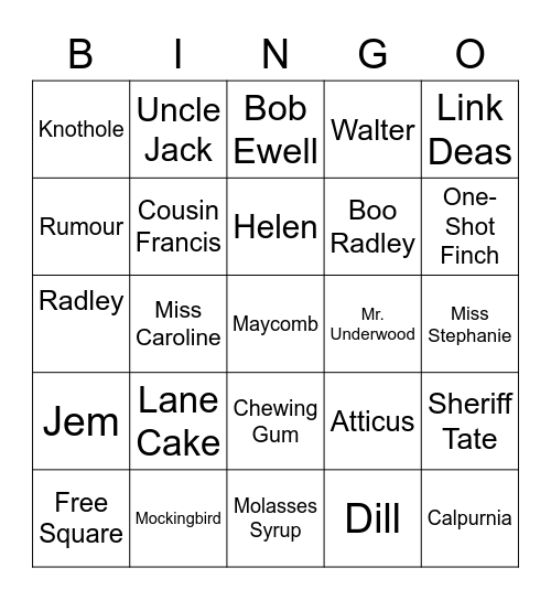 TO KILL A MOCKINGBIRD Bingo Card