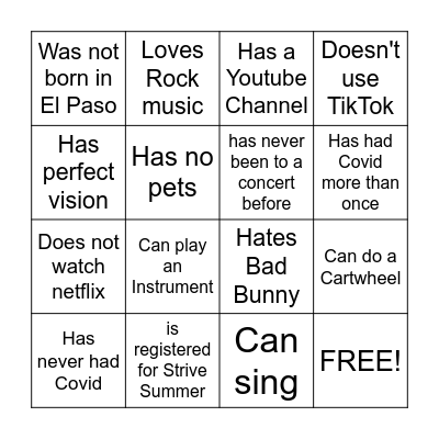 Find someone who Bingo Card