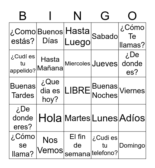 ES LA HORA DE BINGO EN LINEAL Bingo Card