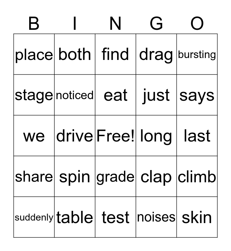 1st Grade Bingo Card