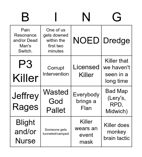 Dead by Daylight Survivor Bingo Card