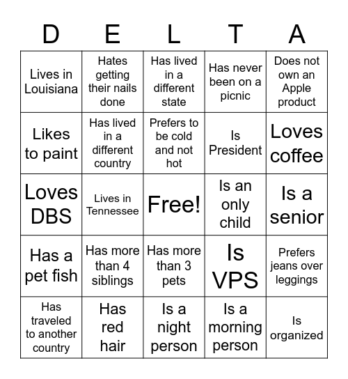 DELTA BETA SIGMA Bingo Card