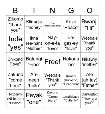 Traditional Language Bingo Card
