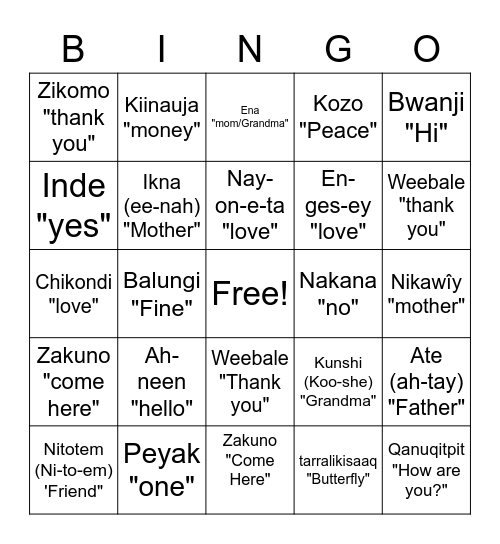 Traditional Language Bingo Card