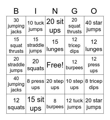 Ultimate Fitness Bingo Card 6 Bingo Card