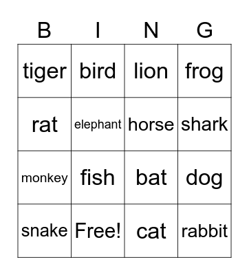 Animals Bingo Card