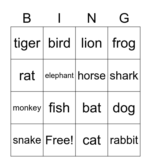 Animals Bingo Card