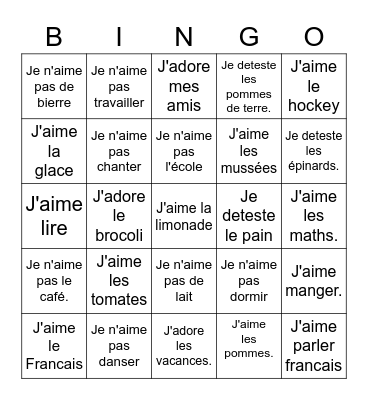 J'aime, je n'aime pas Bingo Card