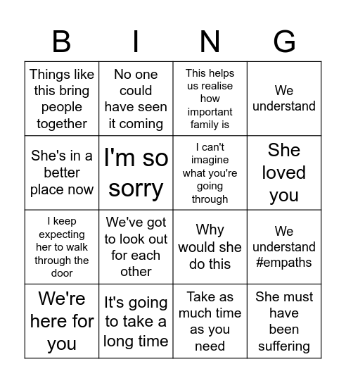 Grief Game Bingo Card