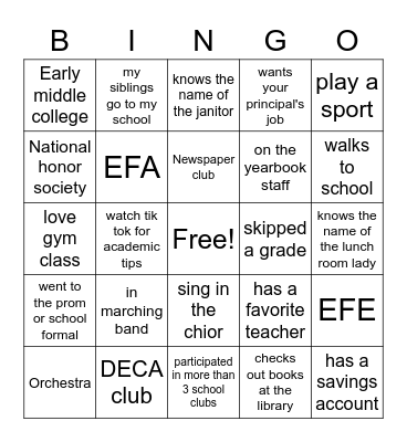 High School Bingo Card