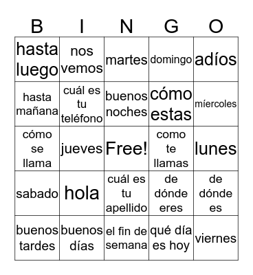 Spanish Bingo Card