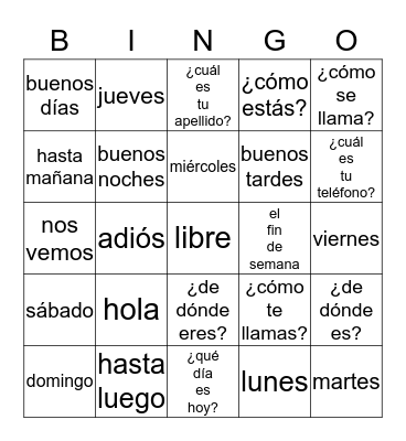 spanish bingo Card