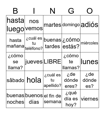 Spanish Bingo Card