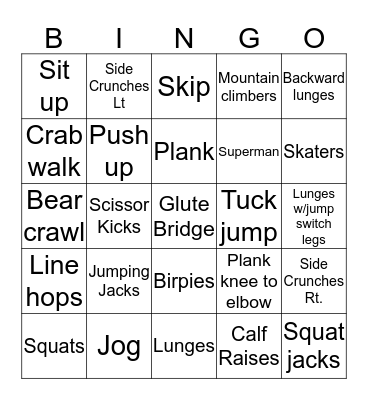 Fitness Bingo Card
