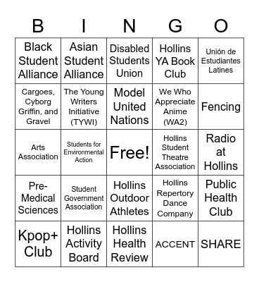 Hollins University Clubs Bingo Card
