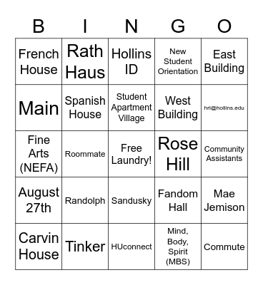 Hollins HRL Bingo Card