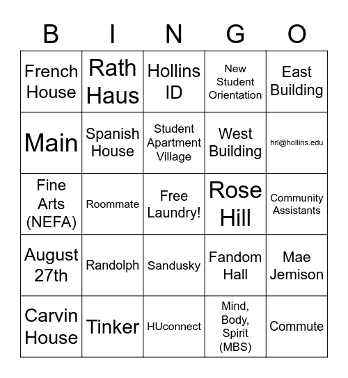 Hollins HRL Bingo Card