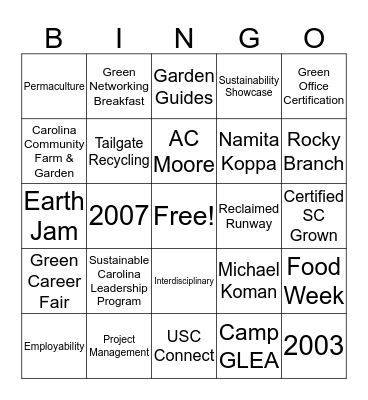 Sustainable Carolina + Graduation with Leadership Distinction Bingo Card