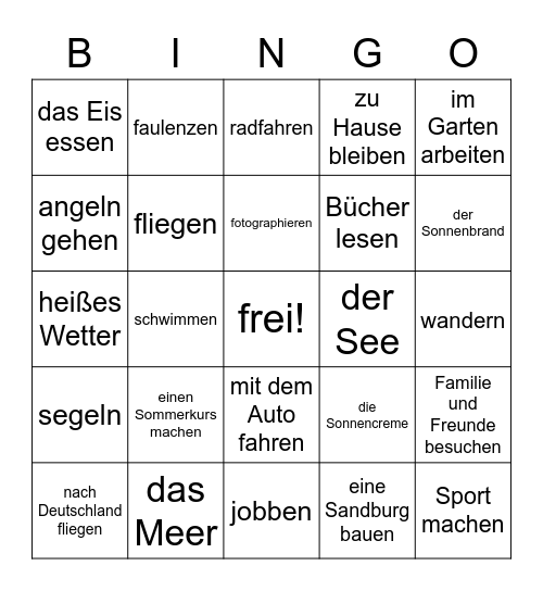 die Sommerferien Bingo Card