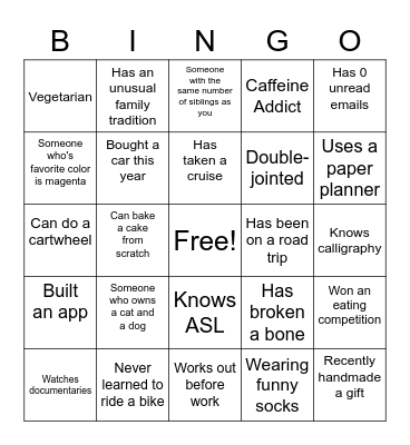 Mingle Bingo Card