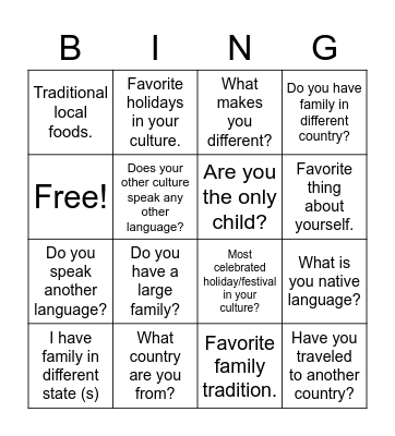 Me and My Culture Ice Breaker Bingo Card