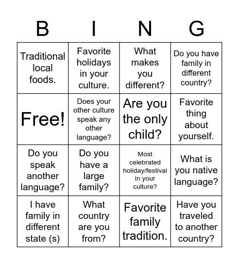 Me and My Culture Ice Breaker Bingo Card