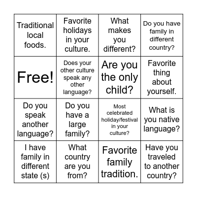 Me and My Culture Ice Breaker Bingo Card