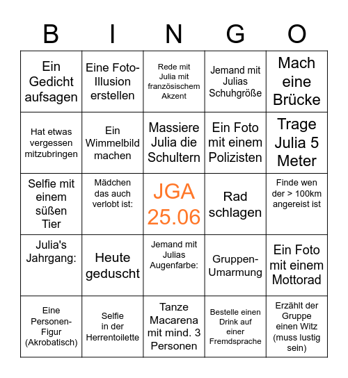 Julia's JGA Bingo Card