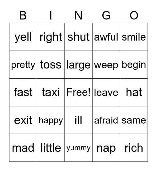 Synonym Bingo Card