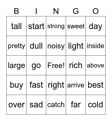 Antonym Bingo Card