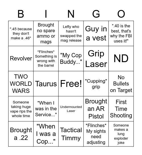 NRA Pistol Basics Class Bingo Card