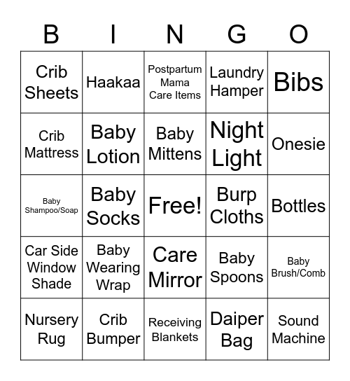 Baby Prosser Gift Bingo Card