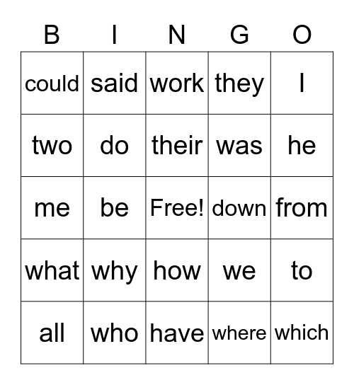 Tricky Word Bingo Card