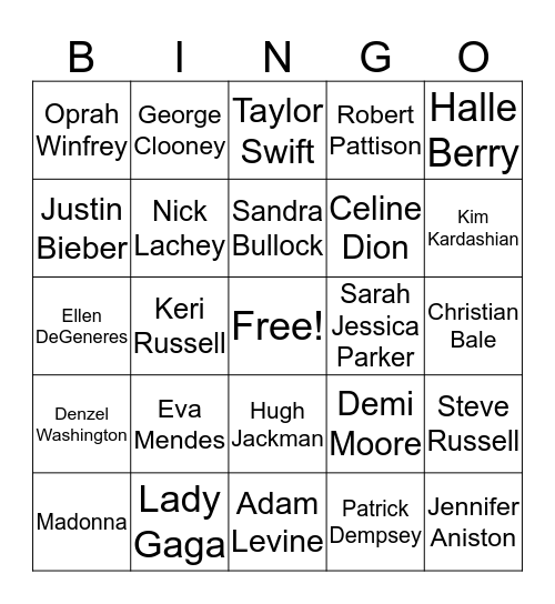 Celebrity Bingo Card