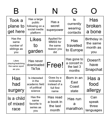Get to Know You Bingo Card