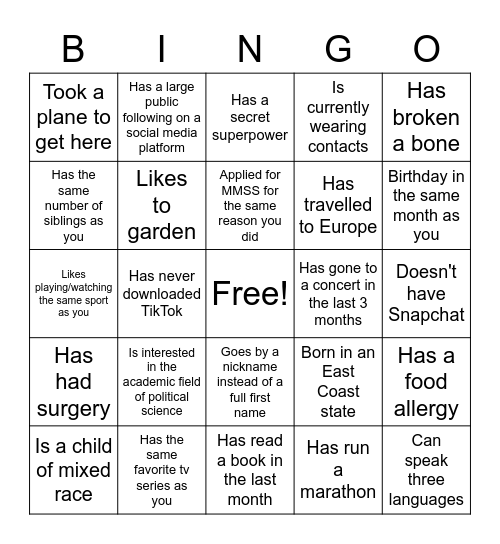 Get to Know You Bingo Card