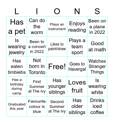 Lions Pre-Camp Bingo!!! Bingo Card