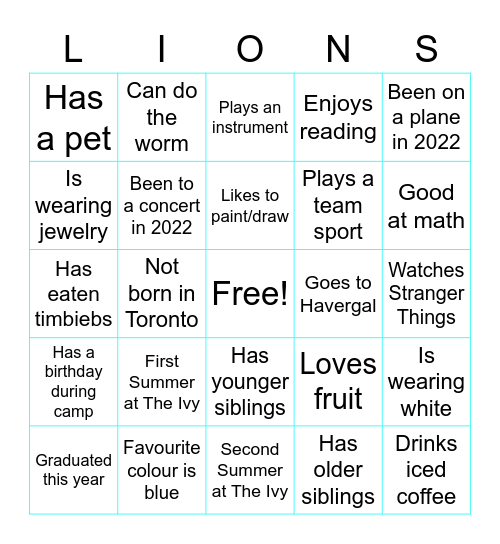 Lions Pre-Camp Bingo!!! Bingo Card